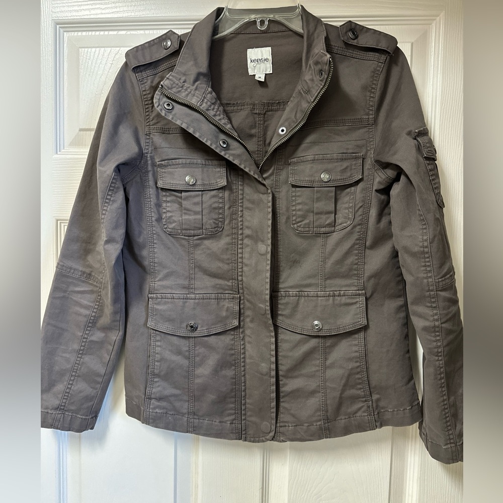 Kensie Jeans Jacket Women Med Brown Zip Up Button Up Pocket Utility Military